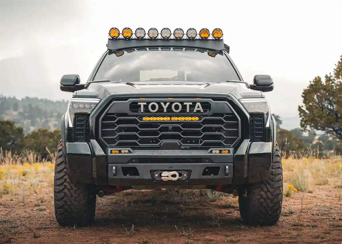Toyota Tundra front bumper from Backwoods Adventure Mods with winch and off road lights installed on a 3rd gen Toyota Tundra