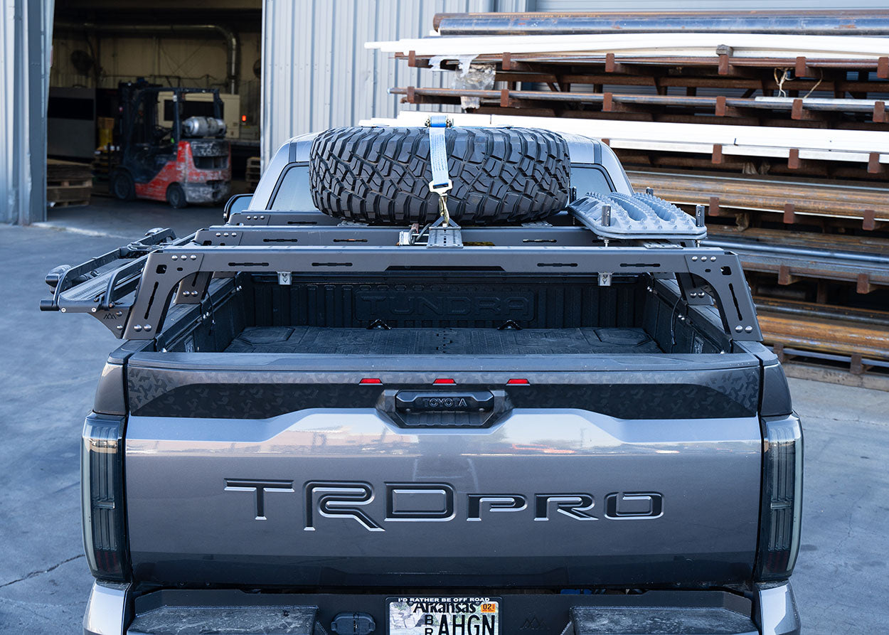 2022+ 3rd Gen Toyota Tundra with Backwoods Adventure Mods Mid Height low profile bed rack installed
