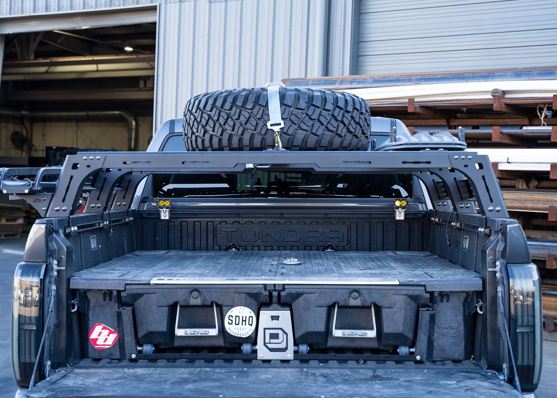 Rear image of the Backwoods Adventure Mods 3rd Gen Toyota Tundra mid-height Bed Rack