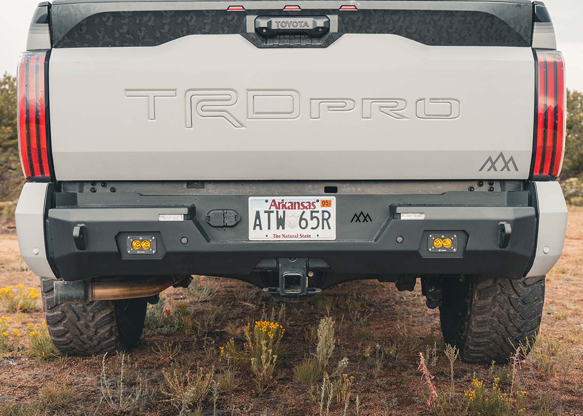 Backwoods Adventure Mods 2022+ Toyota Tundra Off Road Rear Bumper installed on a white 3rd Gen Tundra