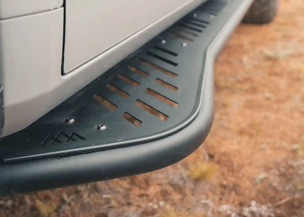 Passenger-side close up image of Backwoods Adventure Mods 3rd Gen Toyota Tundra Rock Sliders