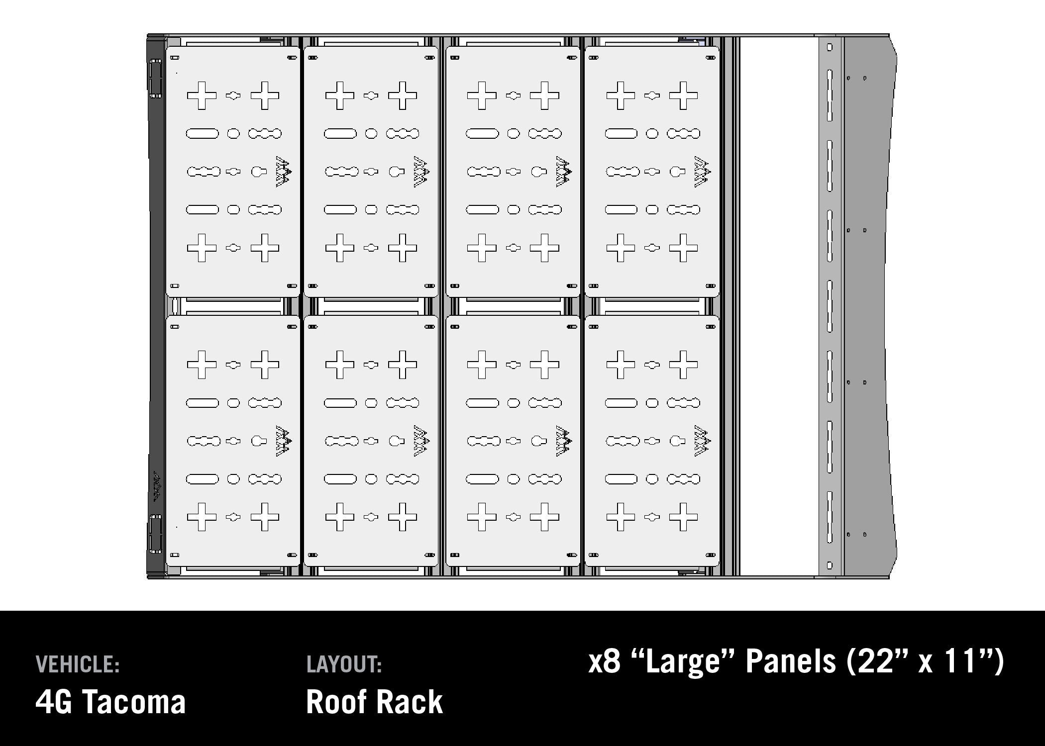 Diagram of the modular deck panel system for the Backwoods Adventure Mods DRIFTR roof rack on a 4th gen tacoma