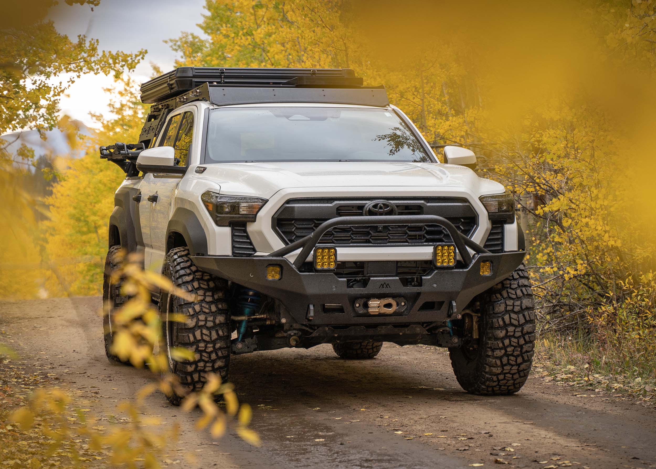 White 2024 Tacoma with Backwoods Prerunner Front Bumper and Winch Installed Offroading in Fall Leaves