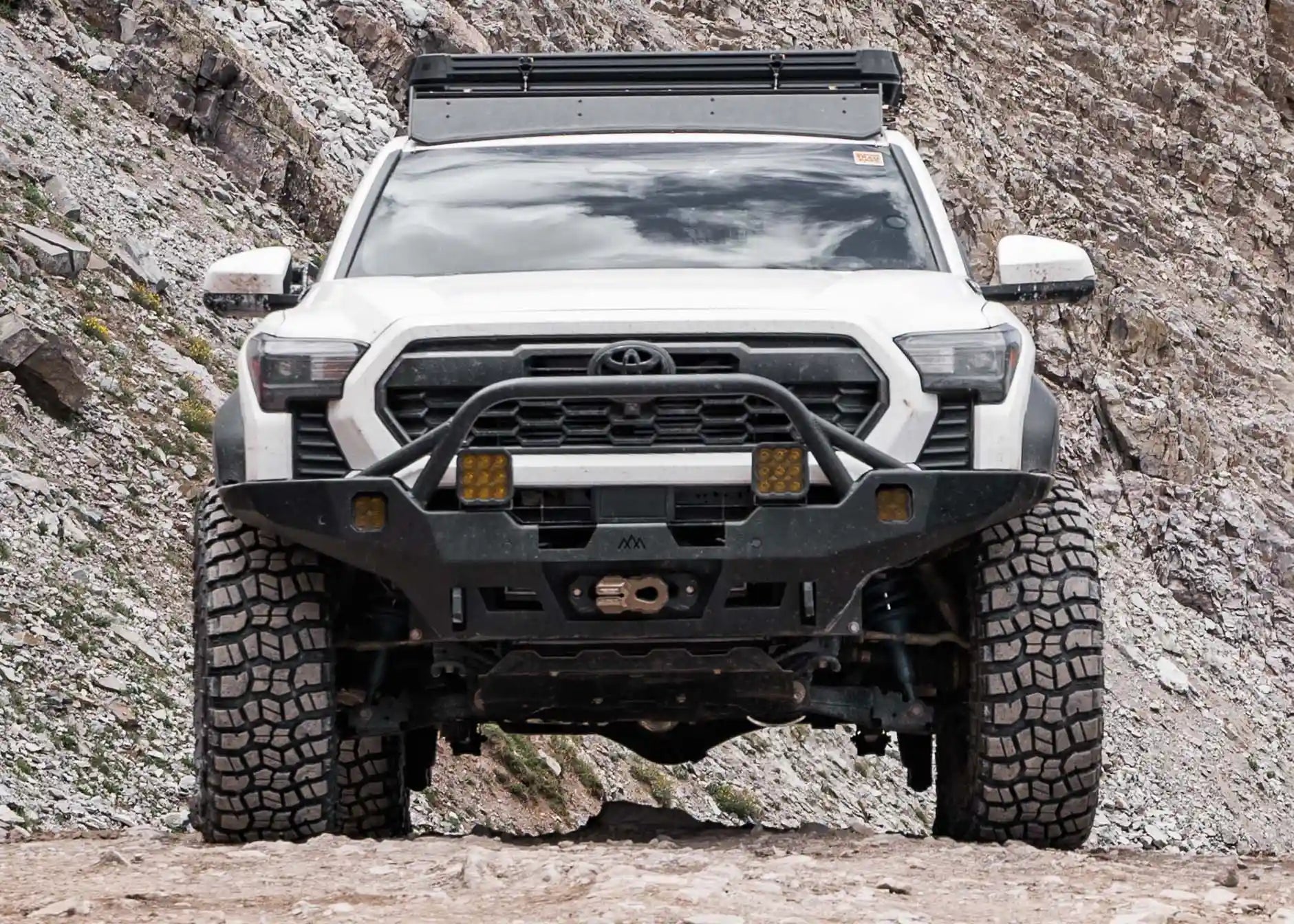 Front view of Backwoods Adventure Mods Toyota Tacoma 4th Gen (2024) Hi-Lite Overland hybrid aluminum Off Road high clearance Front Bumper with Prerunner Bull Bar