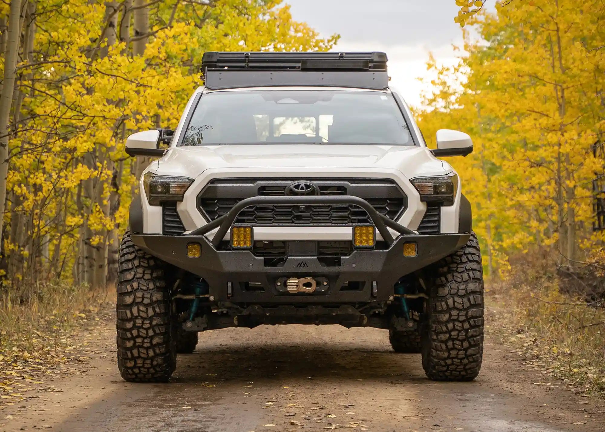 White 2024 Toyota Tacoma front view of Backwoods Front Pre-runner Style Front Bumper with a Winch Installed in the Fall Leaves