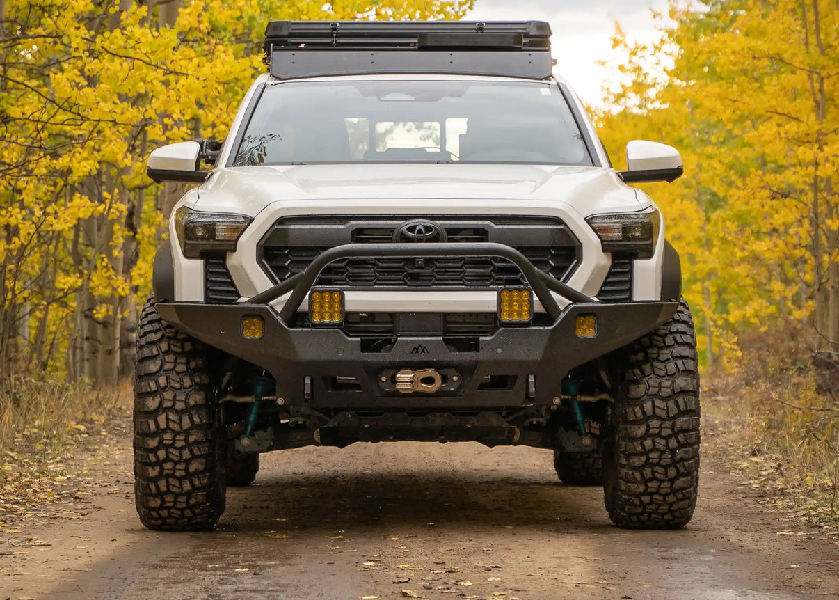 Backwoods Adventure Mods 4th Gen Toyota Tacoma Front Bumper with Prerunner Bull Bar installed