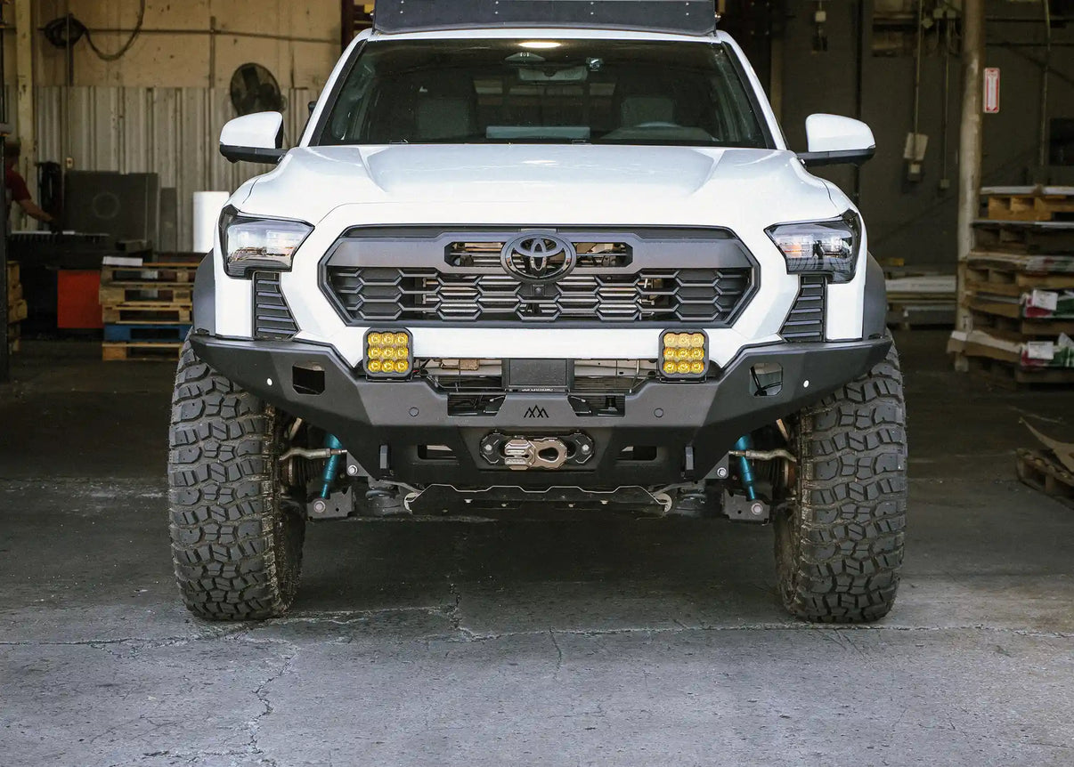 Backwoods Adventure Mods 4th Gen Toyota Tacoma Hi-Lite Overland Front Bumper installed for high clearance and off road winching