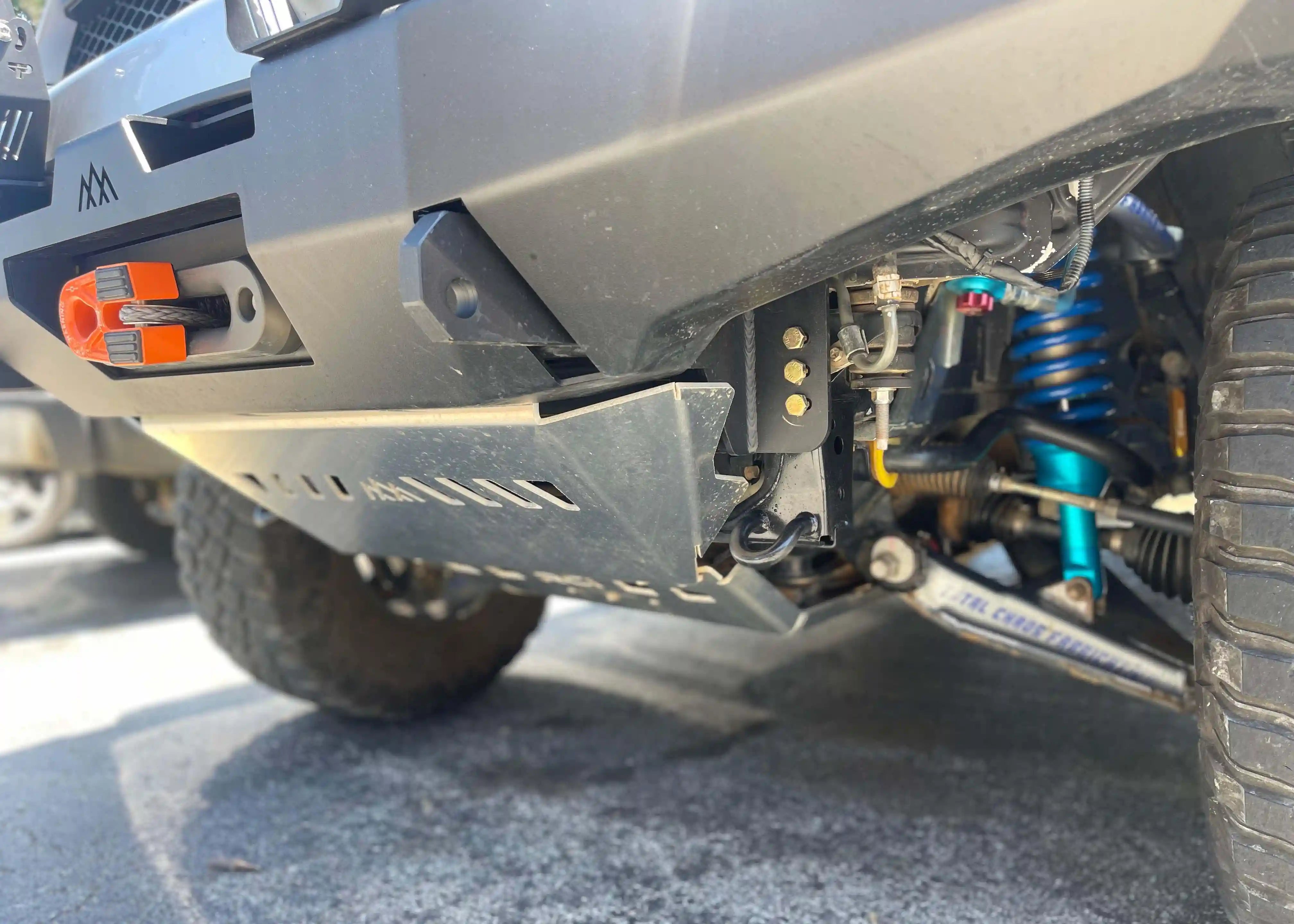 Close up of the front of the Backwoods Adventure Mods 5th Gen Toyota 4Runner (2010-2022) Aluminum Connector Skid Plate when installed