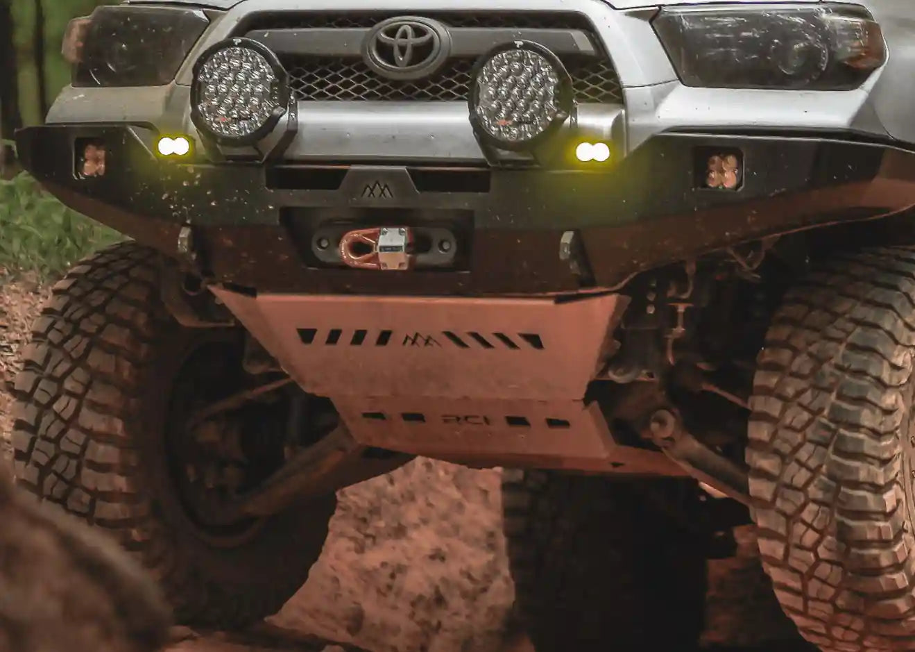 Backwoods Adventure Mods 5th Gen Toyota 4Runner (2010-2022) Aluminum Connector Skid Plate in use while driving off road