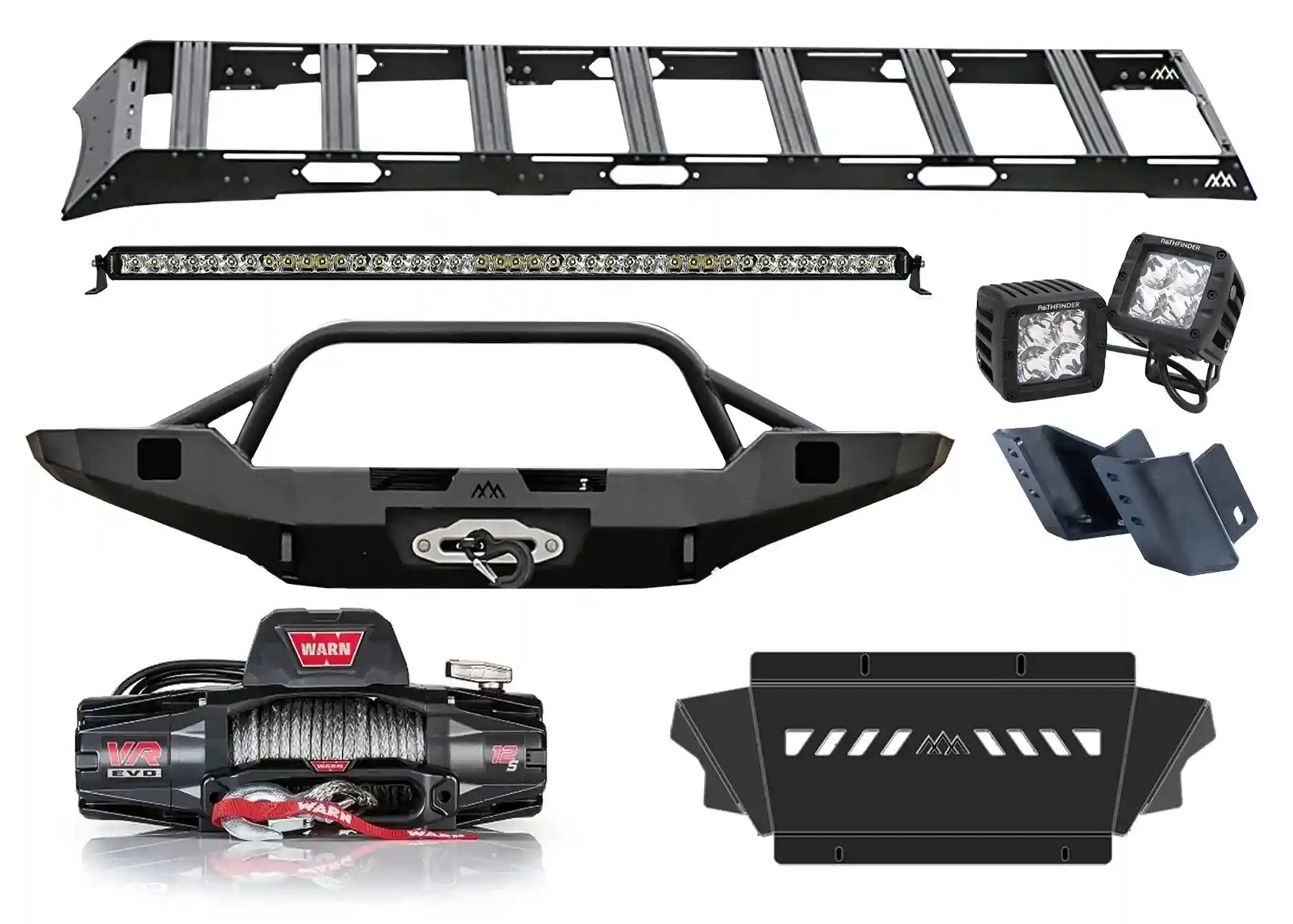 Backwoods Adventure Mods 5th Gen Toyota 4Runner Essentials Off Road Kit bundle including Front Bumper, DRIFTR roof rack, Skid Plate connector, Warn Winch, and Pathfinder Off Road Lights