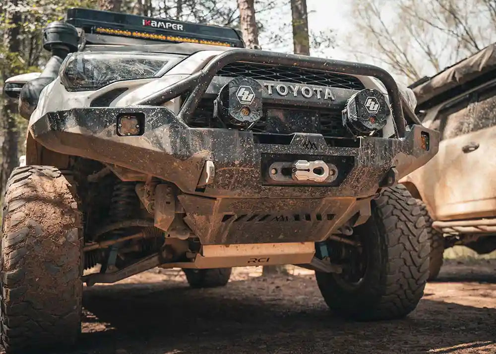 Image of a Toyota 4Runner 5th Gen (2010-2024) with Aluminum Connector Skid Plate and Backwoods Adventure Mods Off Road Front Bumper installed