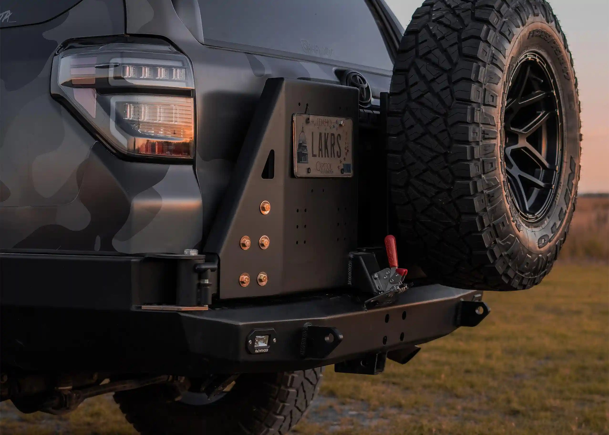 Close up of the accessory panel and recovery points on the 5th Gen Toyota 4Runner (2014-2022) Hi-Lite High Clearance Dual Swing Out Rear Bumper from Backwoods Adventure Mods