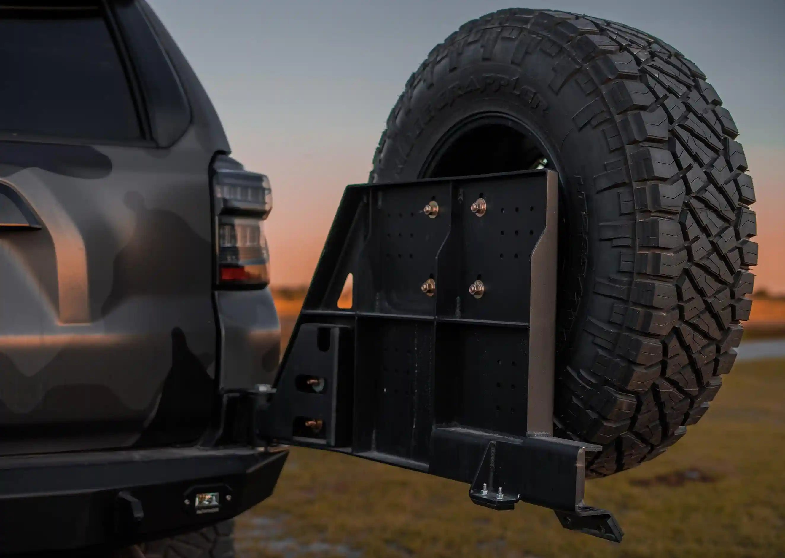 Close up of the back of the spare tire mount carrier on the 5th Gen Toyota 4Runner (2014-2022) Hi-Lite High Clearance Dual Swing Out Rear Bumper from Backwoods Adventure Mods