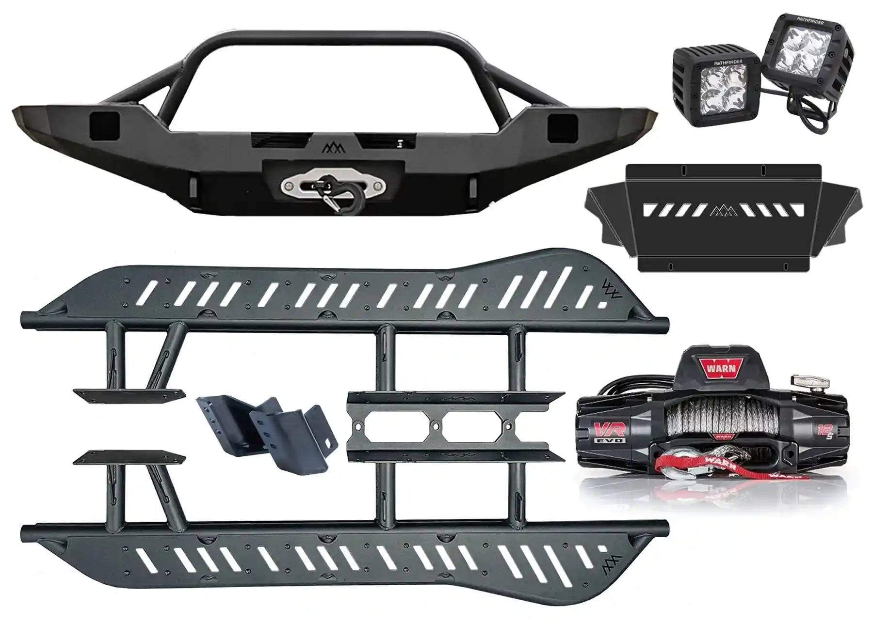 Backwoods Adventure Mods 5th Gen Toyota 4Runner Trail-Ready Off Road Kit bundle including Front Bumper, Skid Plate connector, Rock Sliders, Warn Winch, and Pathfinder Off Road Pod Lights
