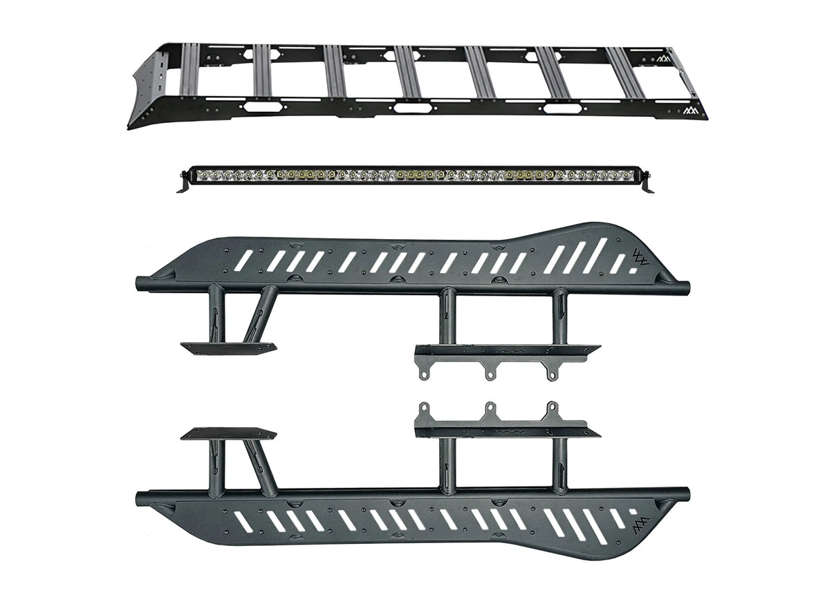 Backwoods Adventure Mods 5th Gen Toyota 4Runner Weekend Warrior Off Road Accessory Kit bundle including DRIFTR roof rack, bolt-on Rock Sliders, and Pathfinder Off Road LED Light Bar