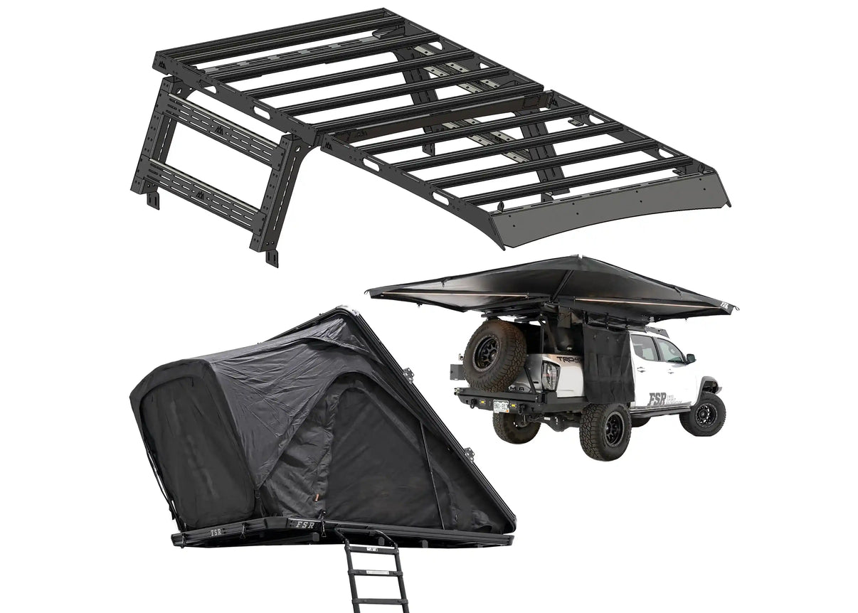 Backwoods adventure mods tacoma roof rack, tacoma bed rack, and Free Spirit Recreation rooftop tent and awning.