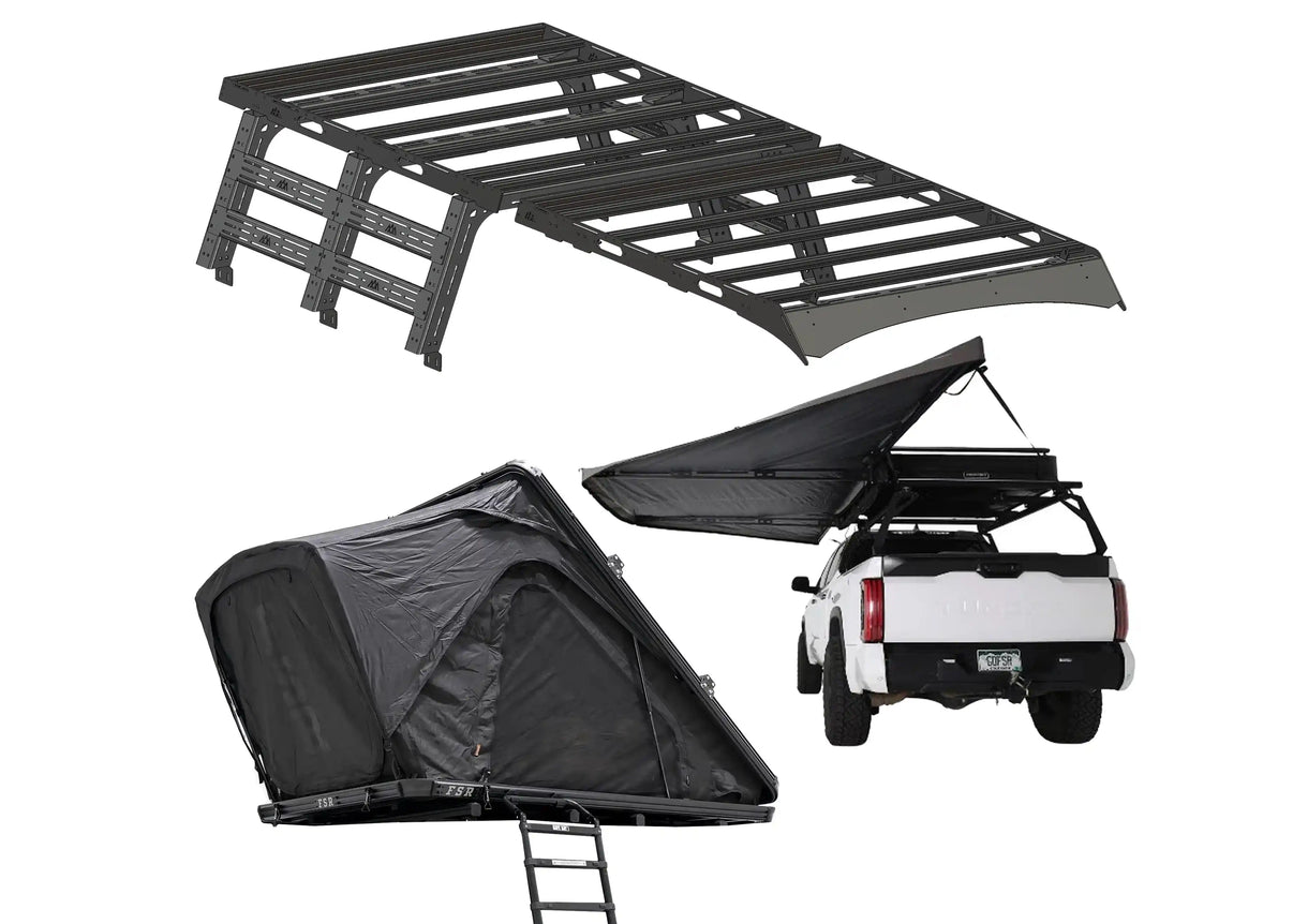 Backwoods Adventure Mods Toyota Tundra bed rack, Tundra roof rack, and Free Spirit Recreation rooftop tent and FSR awning bundle deal.