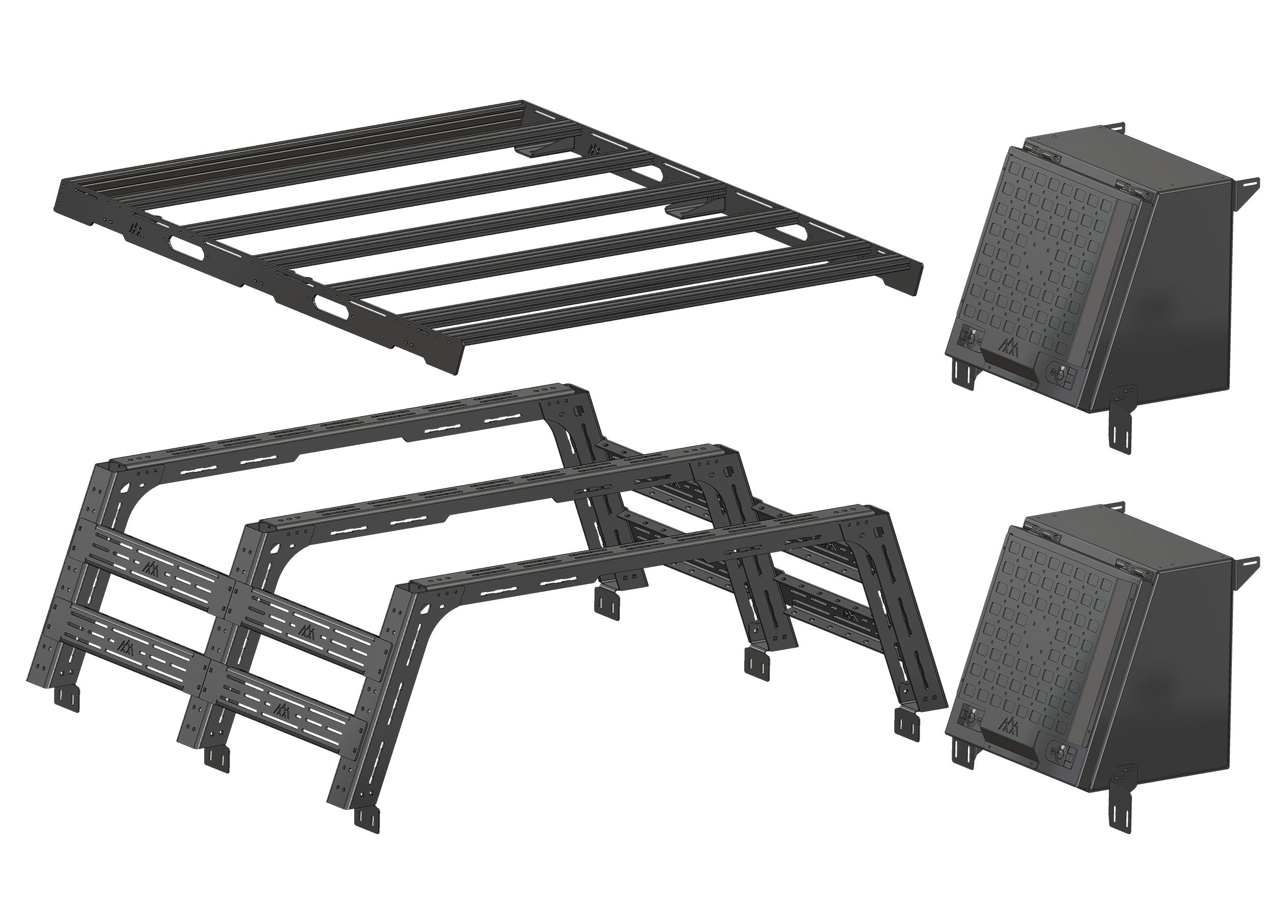 Component breakdown of the Backwoods Adventure Mods overland truck bed rack system enthusiast bundle for 2007+ 2nd gen and 3rd gen Toyota Tundra