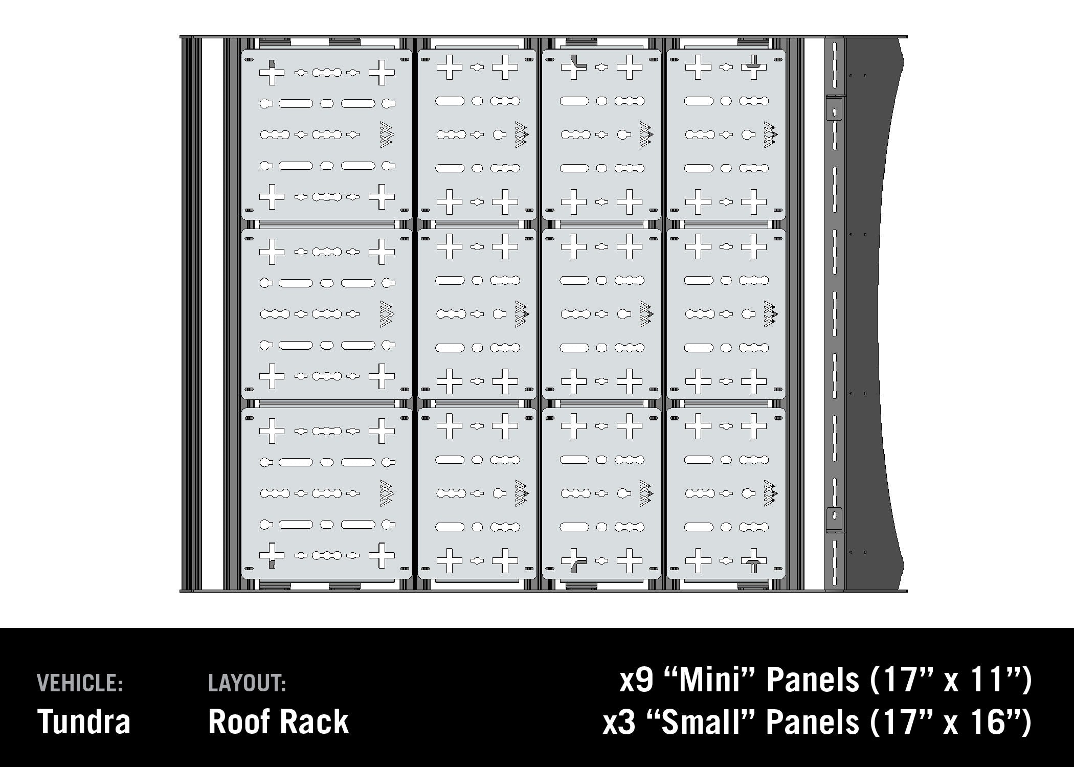 Diagram showing the Backwoods Adventure Mods DRIFTR Roof Rack Deck Accessory Panel configuration for the Tundra Roof Rack