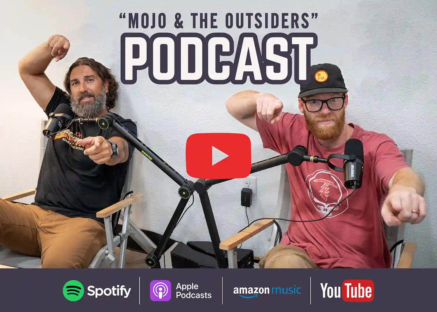 Mo and Jo with Backwoods Adventure Mods in a podcast studio with 'Mojo & The Outsiders' podcast branding and various streaming platform logos