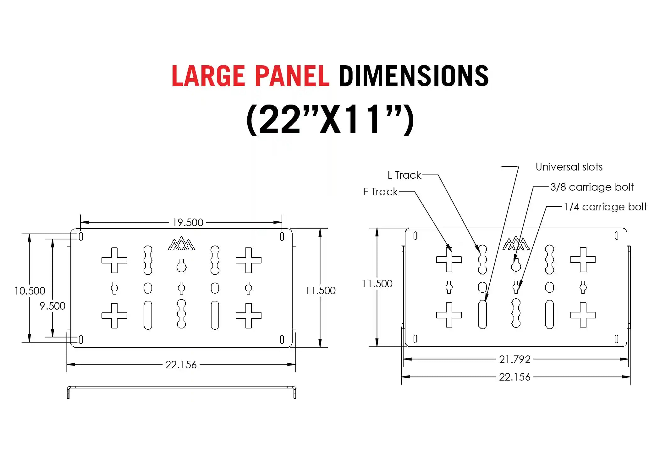 Diagram showing the dimensions of the large 22 inch x 11 inch Backwoods Adventure Mods DRIFTR Roof Rack Deck Accessory Panel
