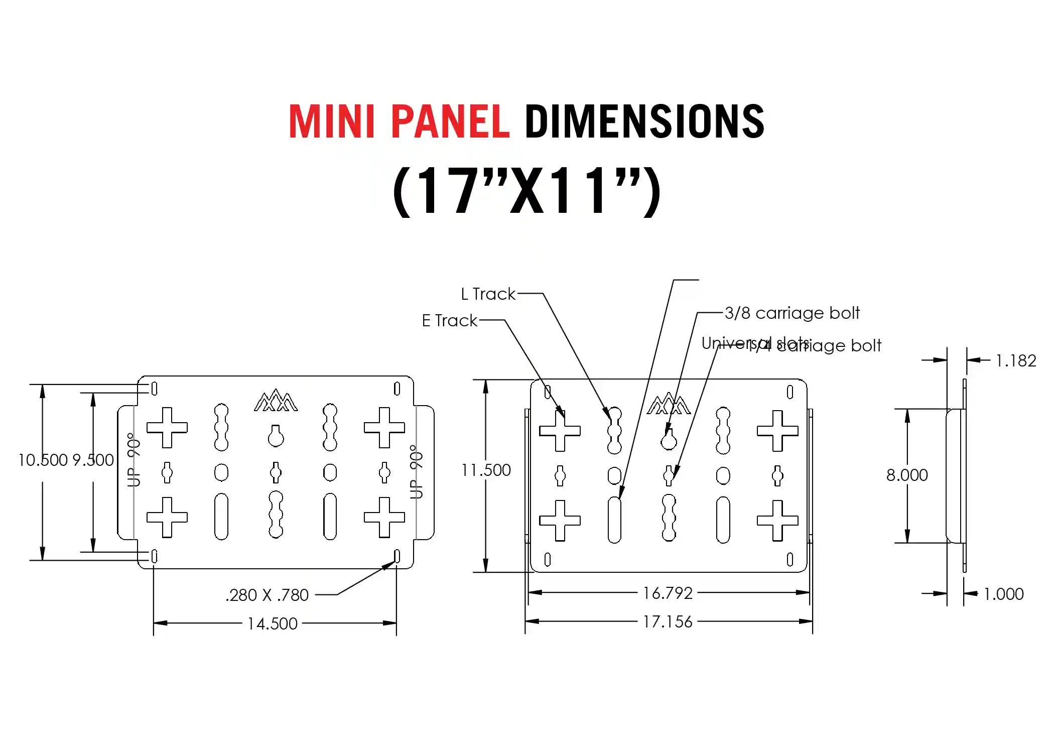 Diagram showing the dimensions of the mini 17 inch x 11 inch Backwoods Adventure Mods DRIFTR Roof Rack Deck Accessory Panel