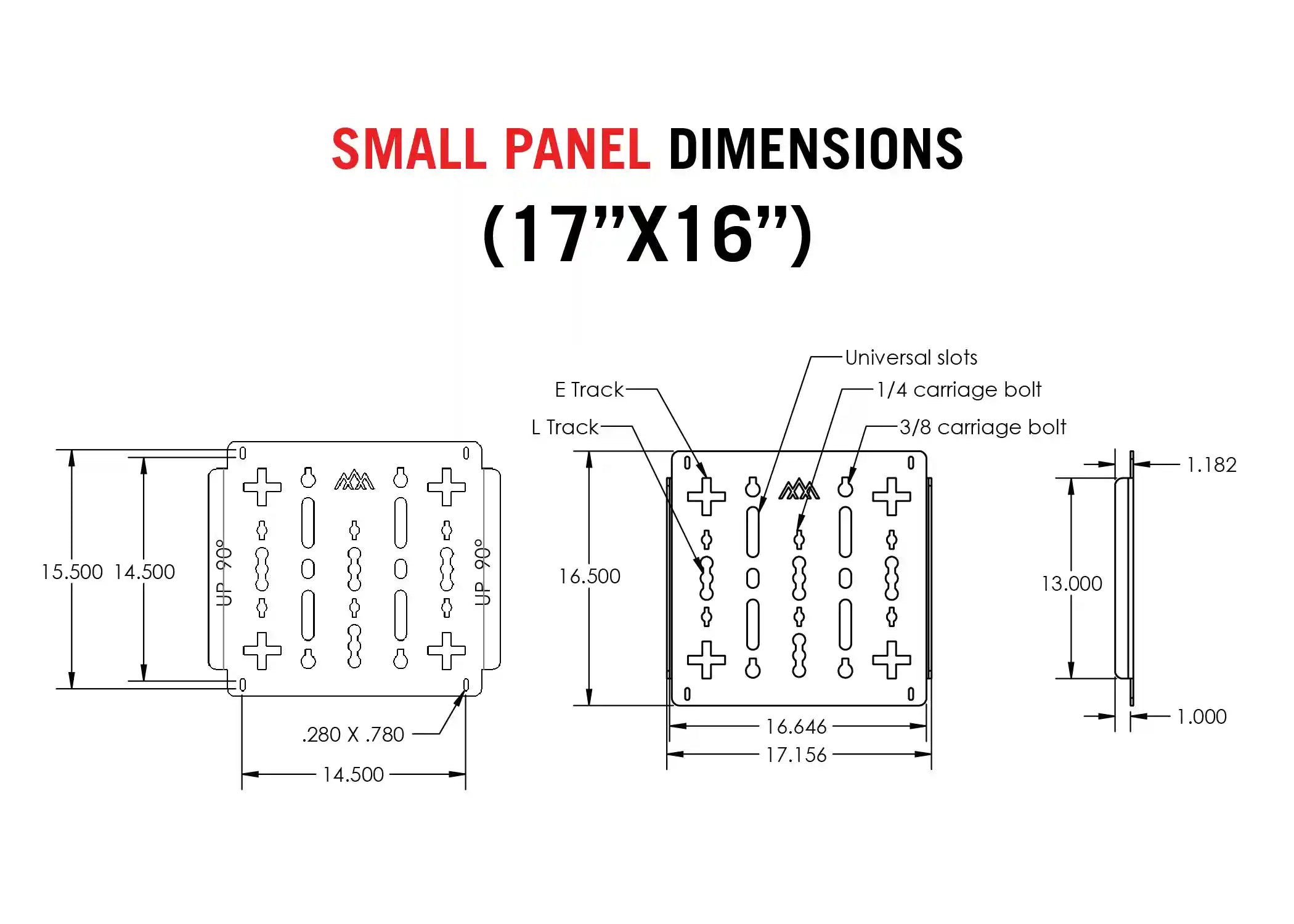 Diagram showing the dimensions of the small 17 inch x 16 inch Backwoods Adventure Mods DRIFTR Roof Rack Deck Accessory Panel