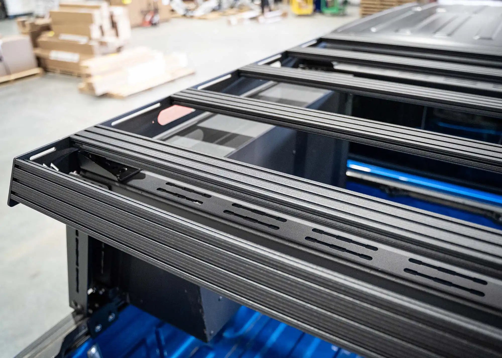 Close up of the DRIFTR Topper crossbars when mounted to the Jeep Gladiator Bed Rack from Backwoods Adventure Mods