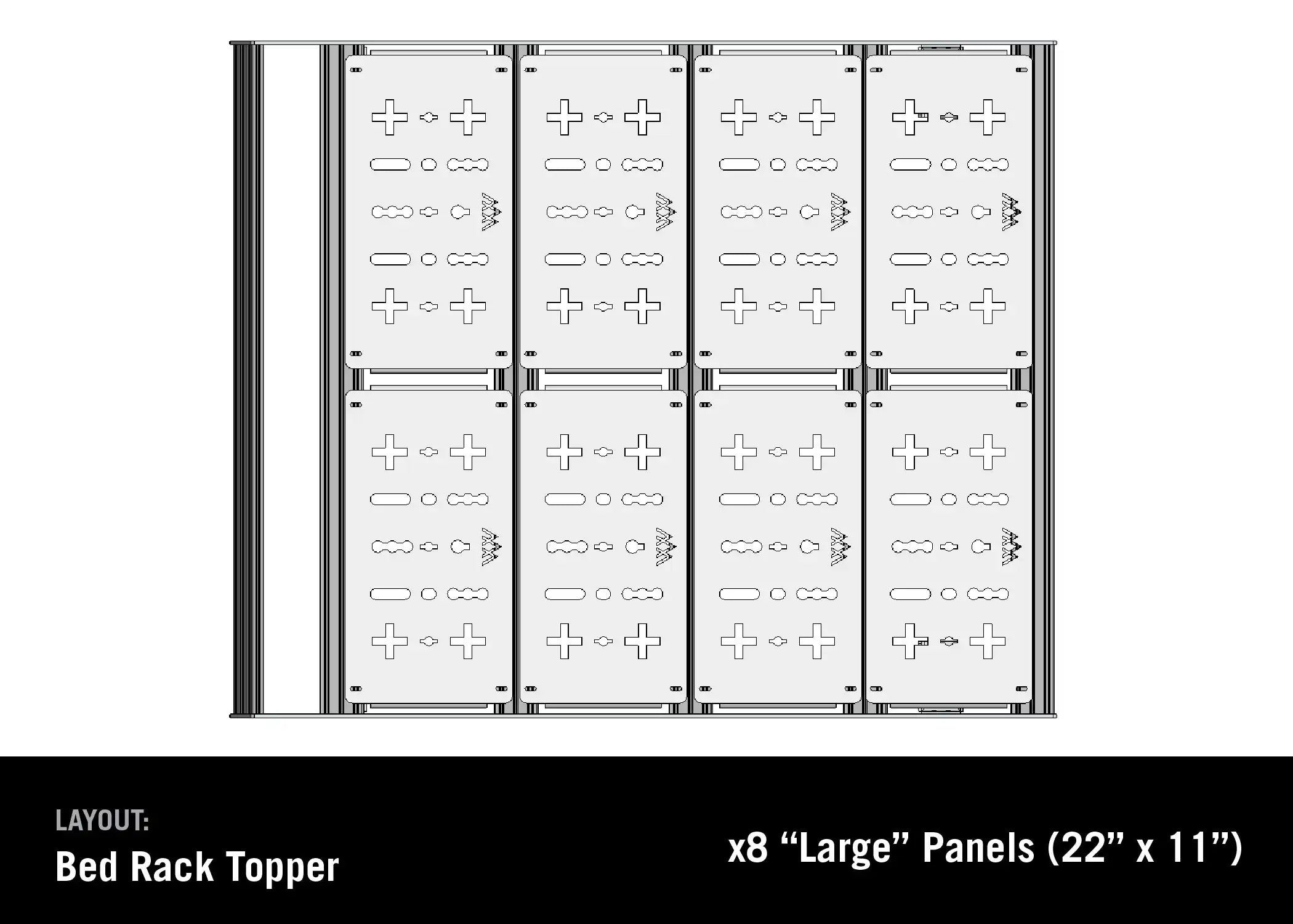 Diagram showing the Jeep Gladiator Bed Rack DRIFTR Topper with optional Deck Panel Accessories from Backwoods Adventure Mods