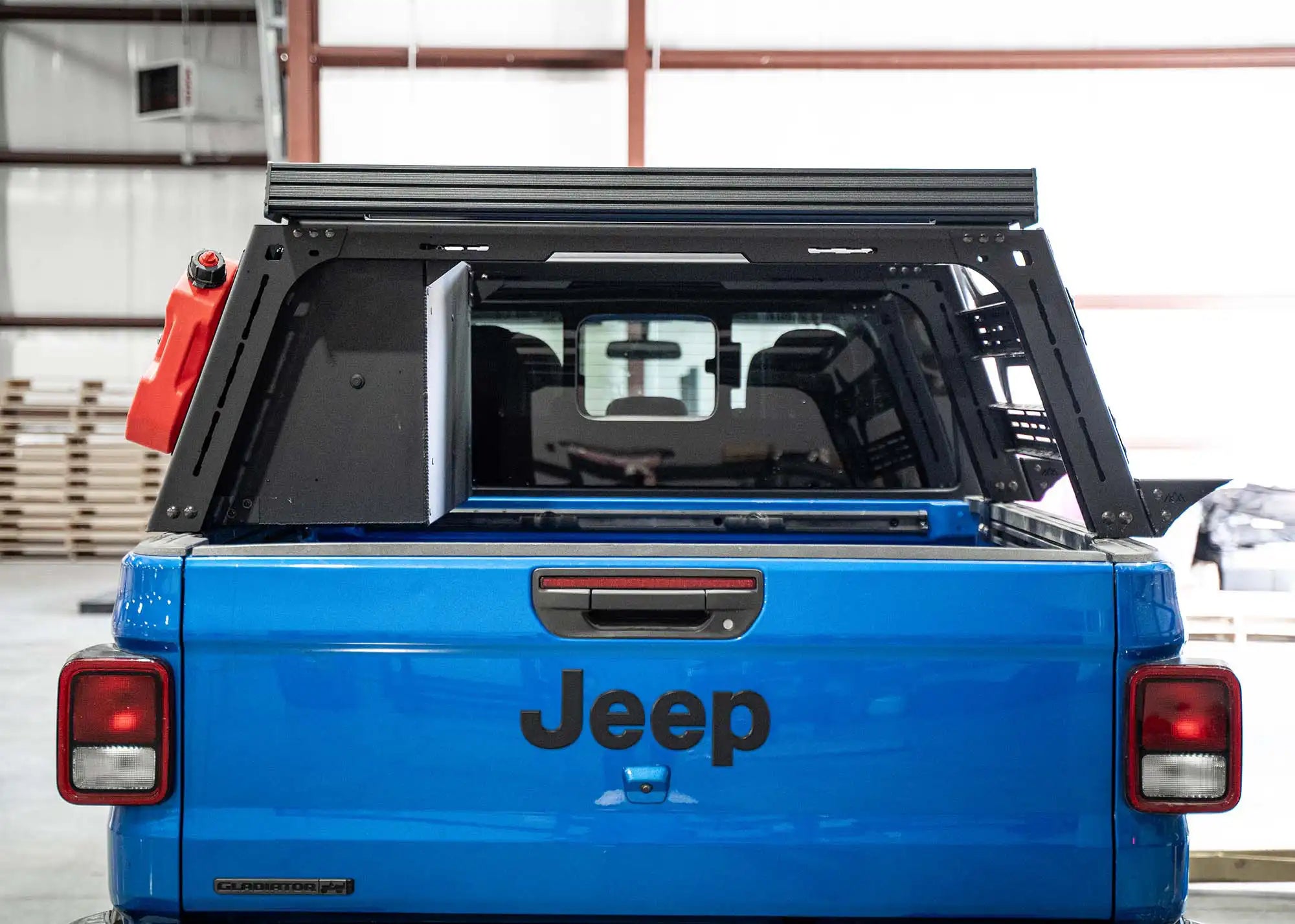 Rear of the Jeep Gladiator Bed Rack Overland Storage Box from Backwoods adventure mods