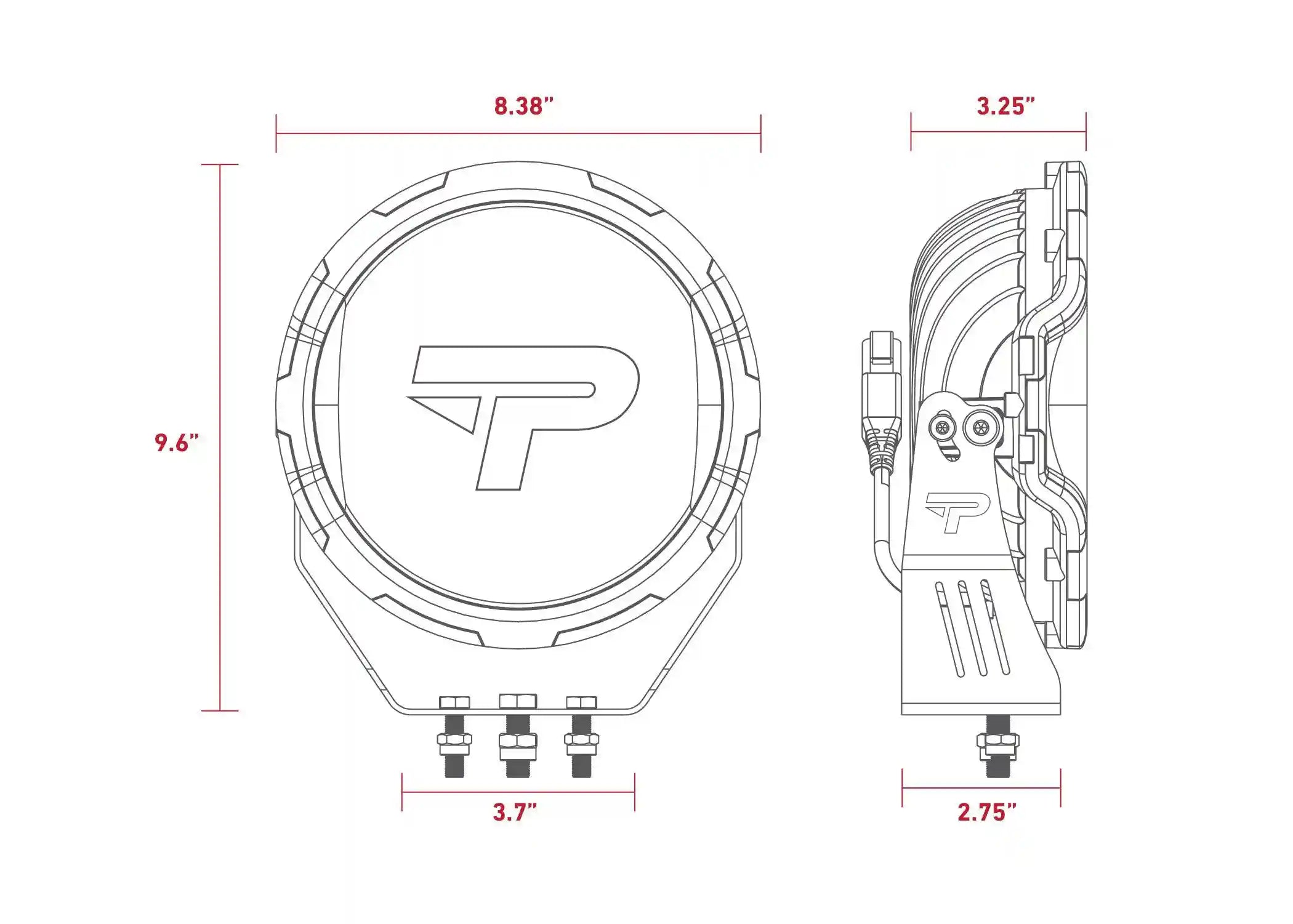 Diagram showing the dimensions of the Backwoods Adventure Mods Pathfinder PROWLR 9 inch LED off road driving light