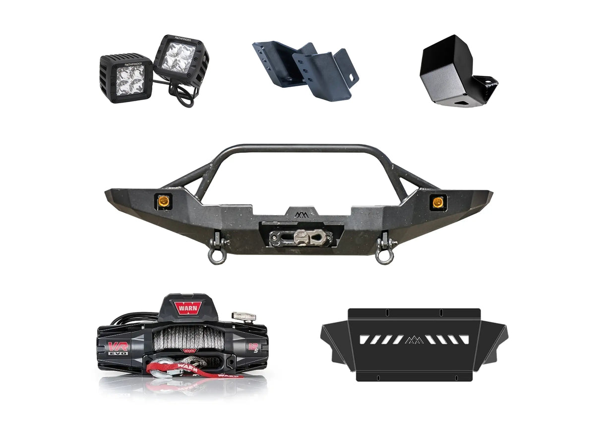 Backwoods Adventure Mods 5th Gen Toyota 4Runner Off Road Bumper Kit including Hi-Lite Overland Front Bumper, Skid Plate connector, Warn Winch, Pathfinder Pod Lights, and washer reservoir guard