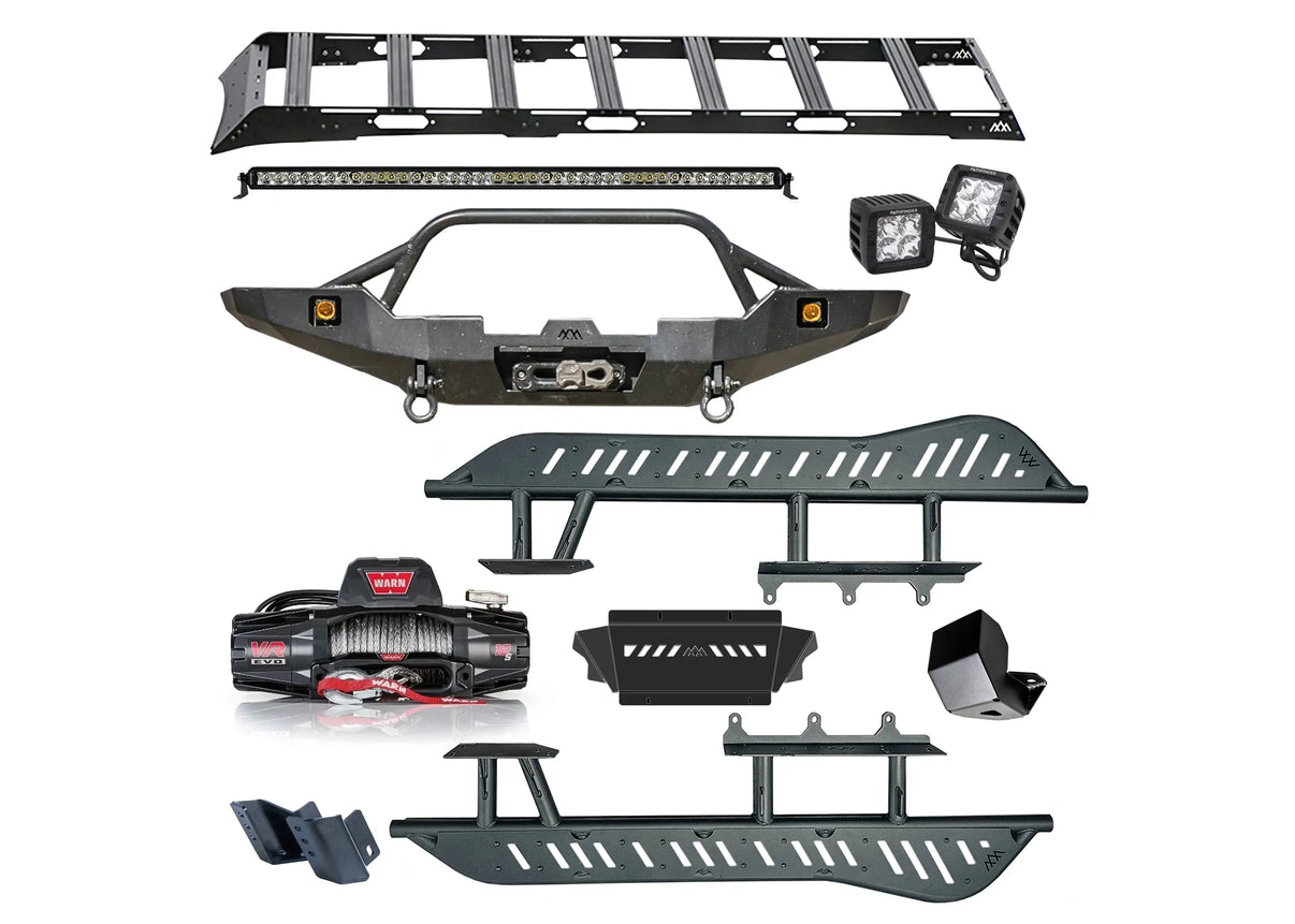 Backwoods Adventure Mods 5th Gen Toyota 4Runner Ultimate Off Road Kit bundle including Hi-Lite Series Front Bumper, DRIFTR roof rack, Rock Sliders, Skid Plate connector, Warn VR Evo 12s Winch, washer reservoir guard, and Pathfinder Off Road Lights