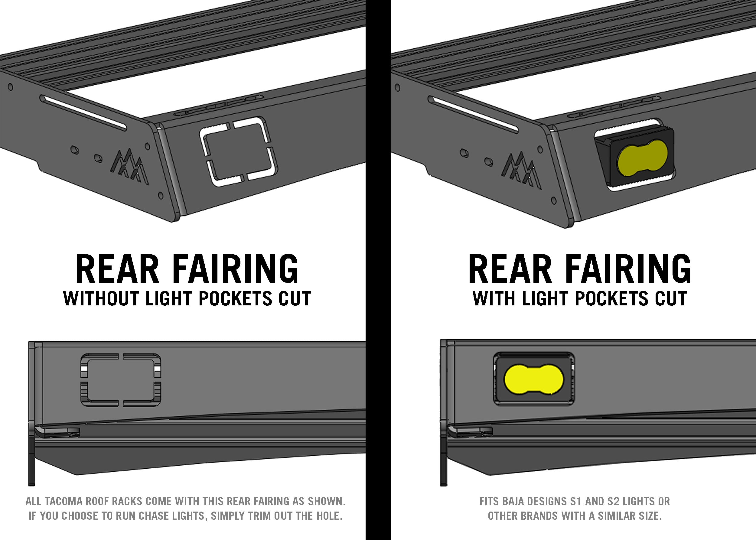 Diagram showing 2024 4th gen Toyota Tacoma Backwoods Adventure Mods DRIFTR roof rack fairing options