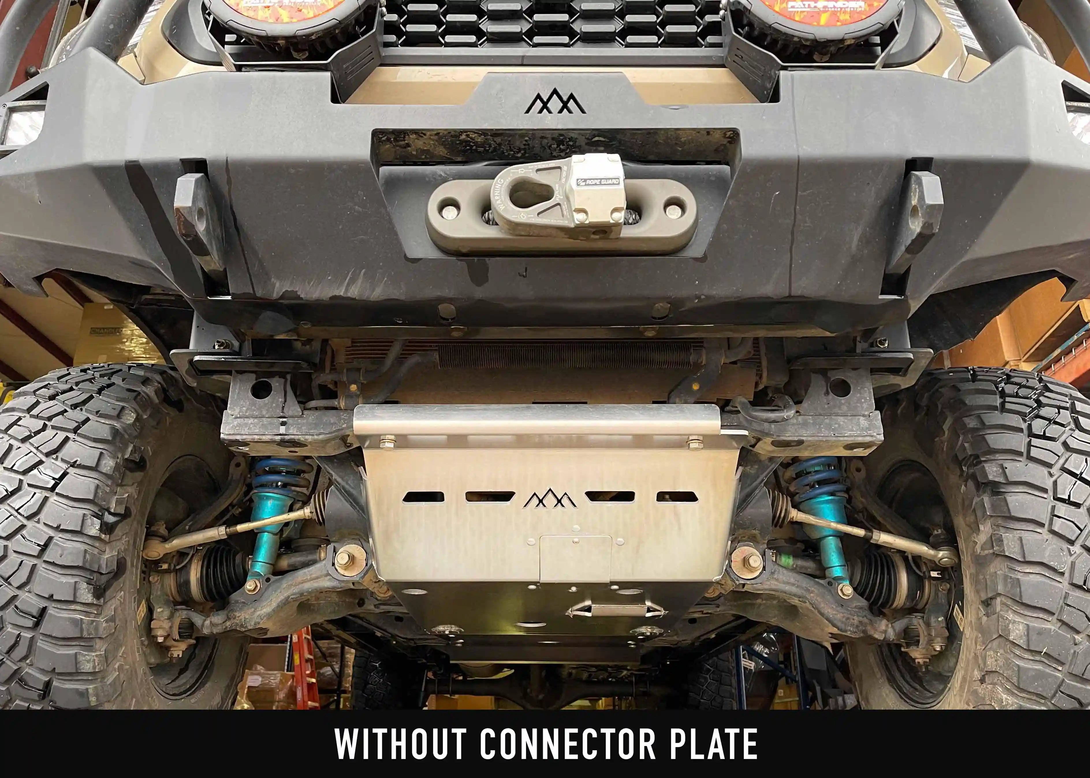 Image showing Backwoods Adventure Mods Hi-Lite Series 2005-2023 Toyota Tacoma hybrid off road high clearance bumper before Aluminum Connector Skid Plate is installed 