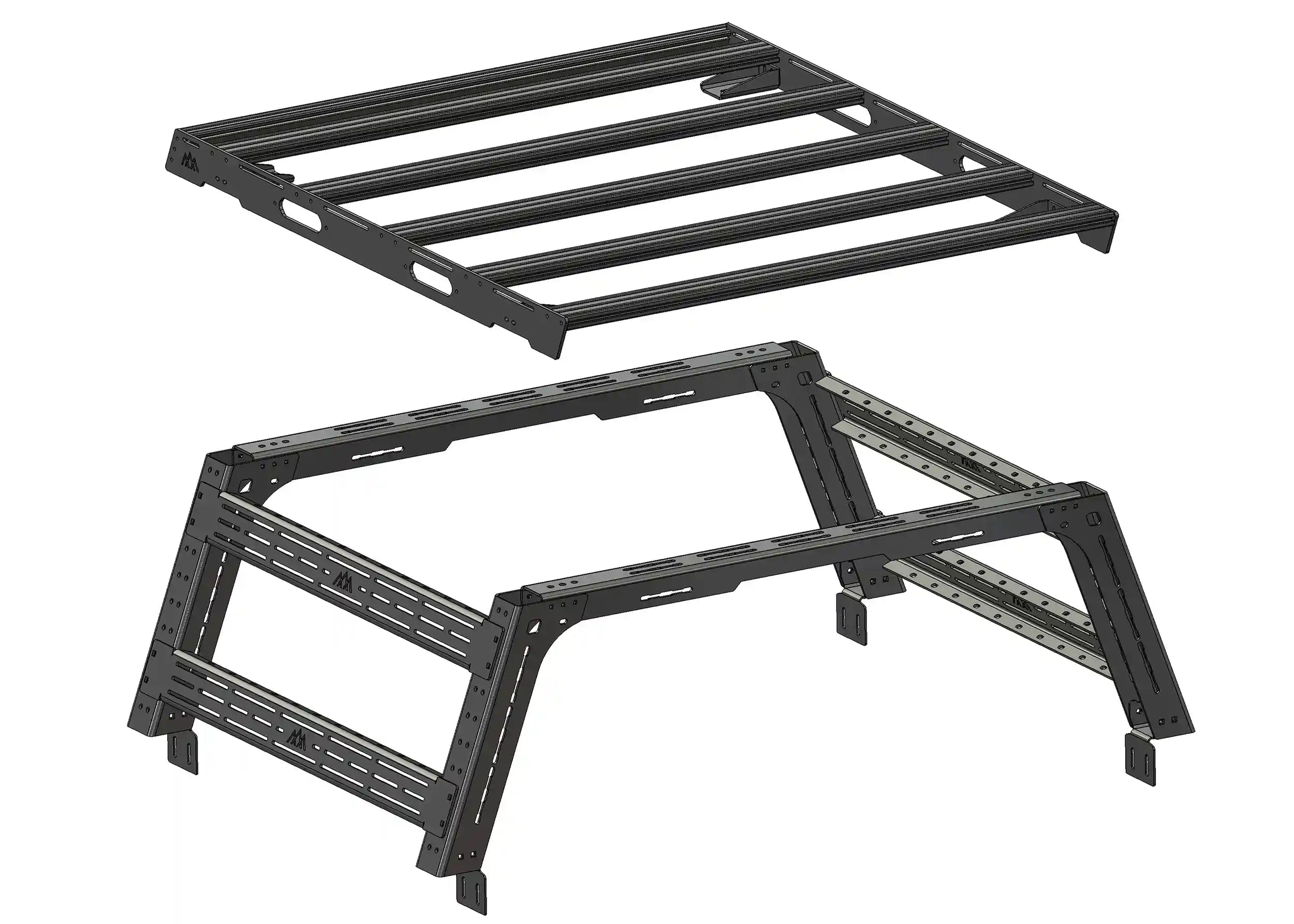 Components included in the Backwoods Adventure Mods Tacoma Bed Rack System Starter Bundle for overlanding and off roading