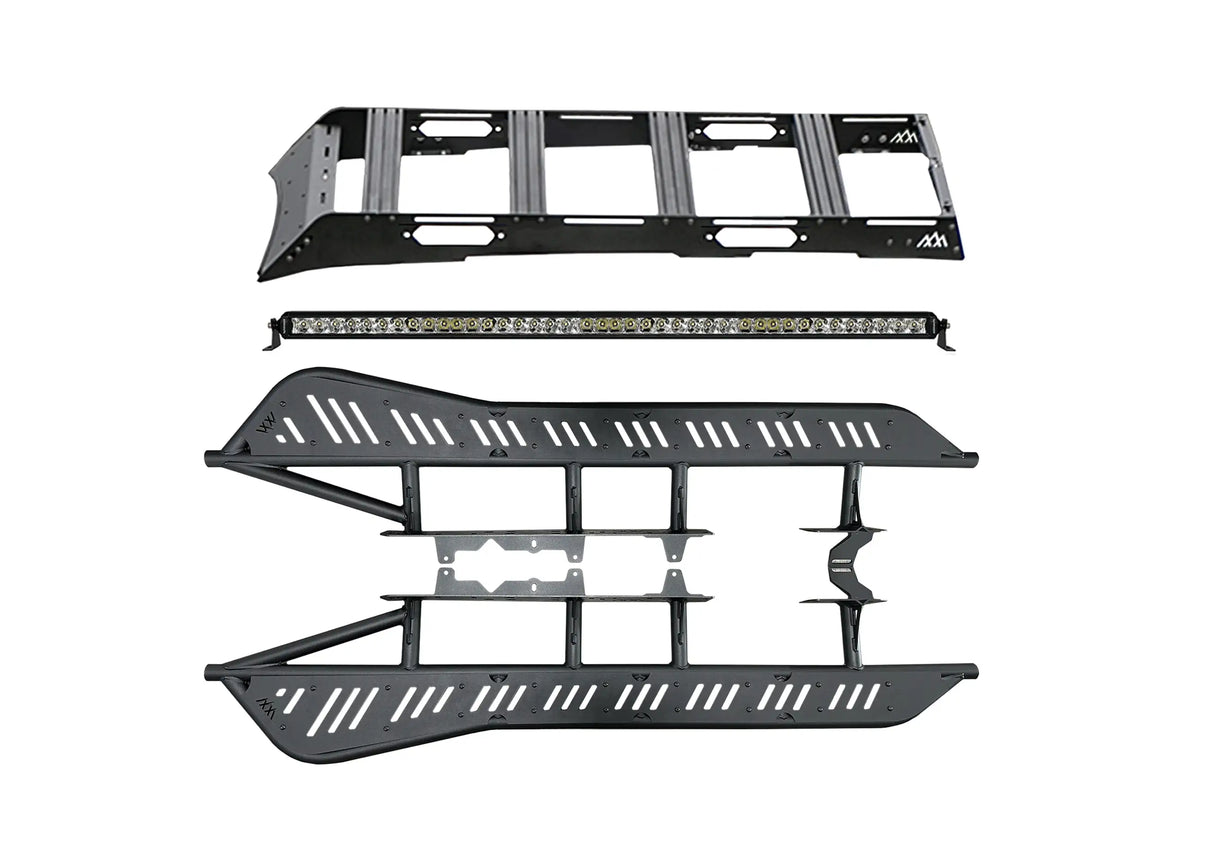 Backwoods Adventure Mods Weekend Warrior Off Road Kit bundle for 2nd and 3rd Gen 2005-2023 Toyota Tacomas including Rock Sliders, DRIFTR Roof Rack, and Pathfinder 40 inch LED light bar