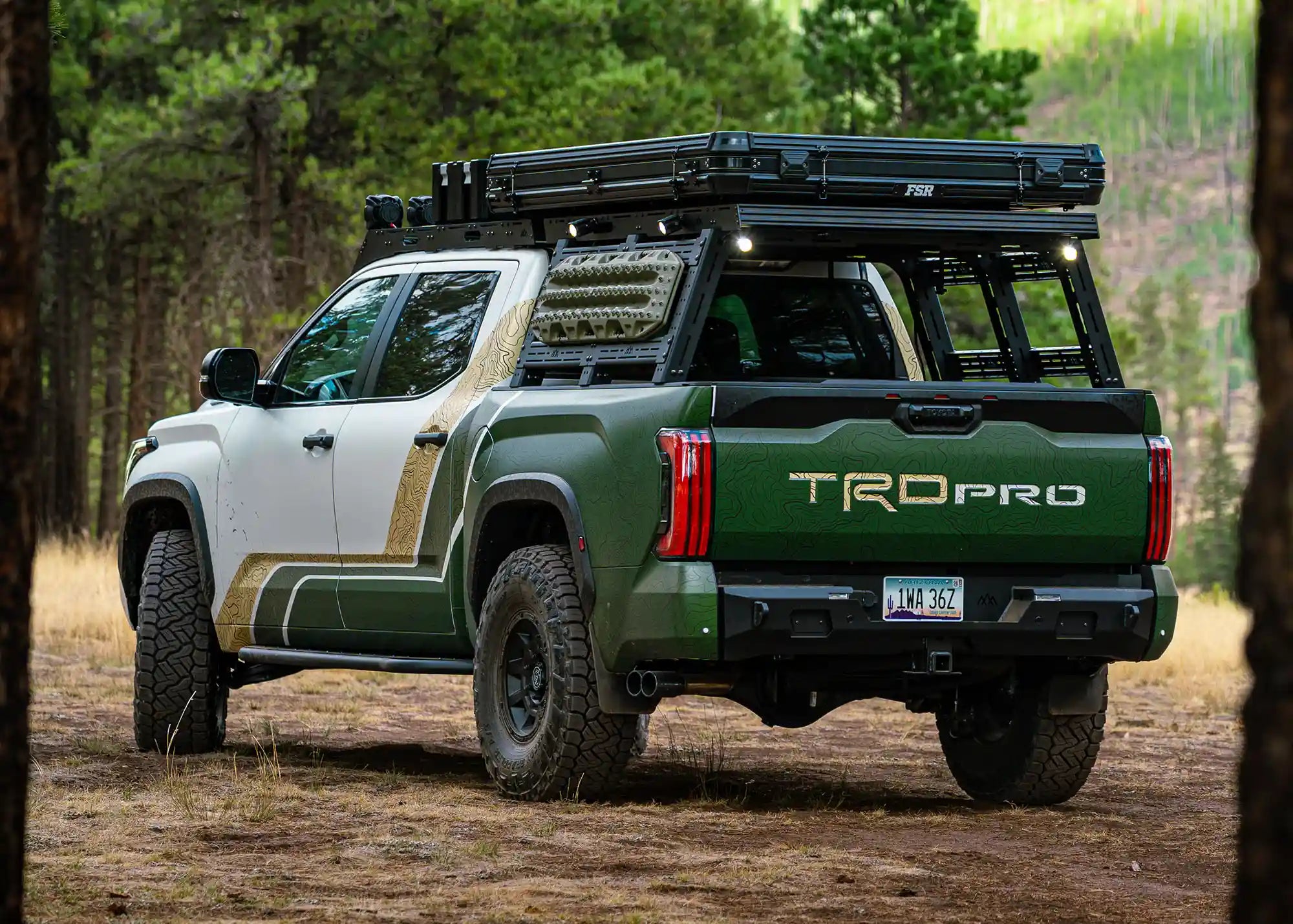Rear view of the Backwoods Adventure Mods overland truck bed rack and roof rack modular truck bed storage system installed on a 3rd gen Toyota Tundra