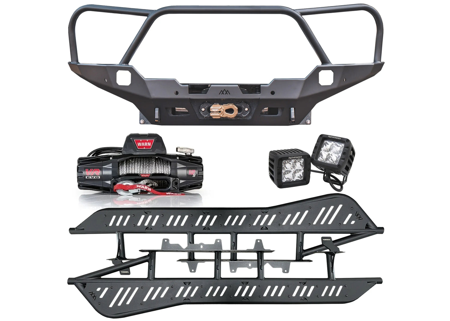 Backwoods Adventure Mods Trail-Ready Bundle kit for the 4th Gen Toyota Tacoma including Hybrid Off-Road Bull Bar Bumper, Warn Winch, LED Lights, and Rock Sliders