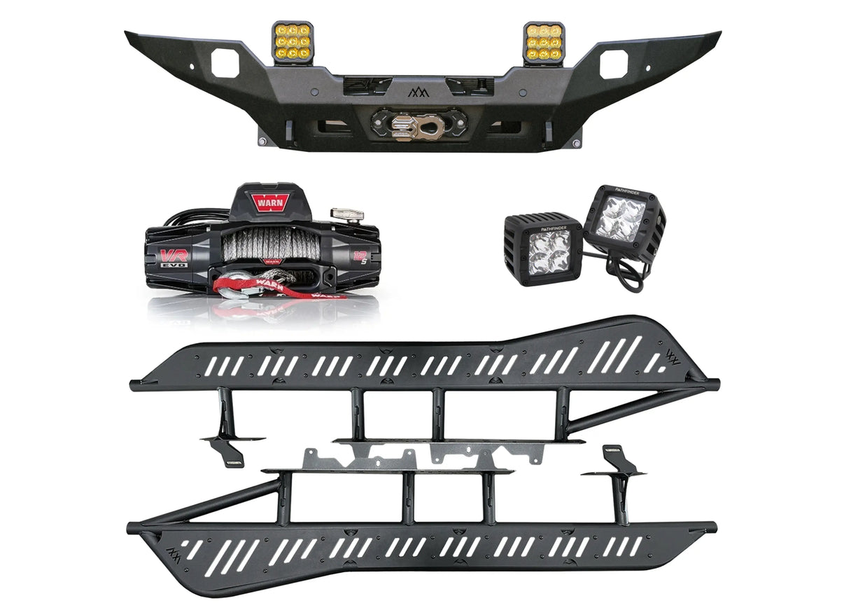 Backwoods Adventure Mods Trail-Ready Bundle kit for the 4th Gen Toyota Tacoma including Hybrid Off-Road Front Bumper, Warn Winch, LED Lights, and Rock Sliders