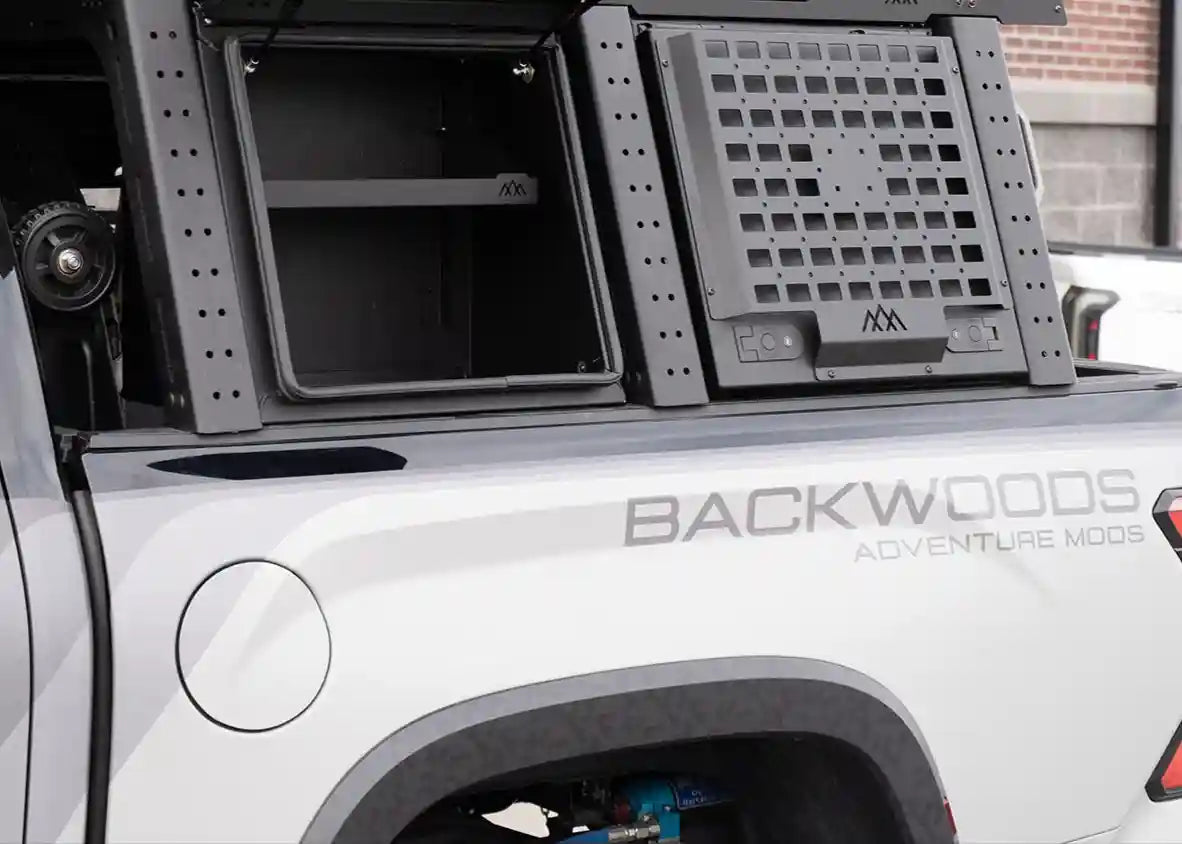 Backwoods Adventure Mods Truck Bed Rack System Storage Bundle installed on a 3rd Gen Toyota Tundra with modular cargo box open