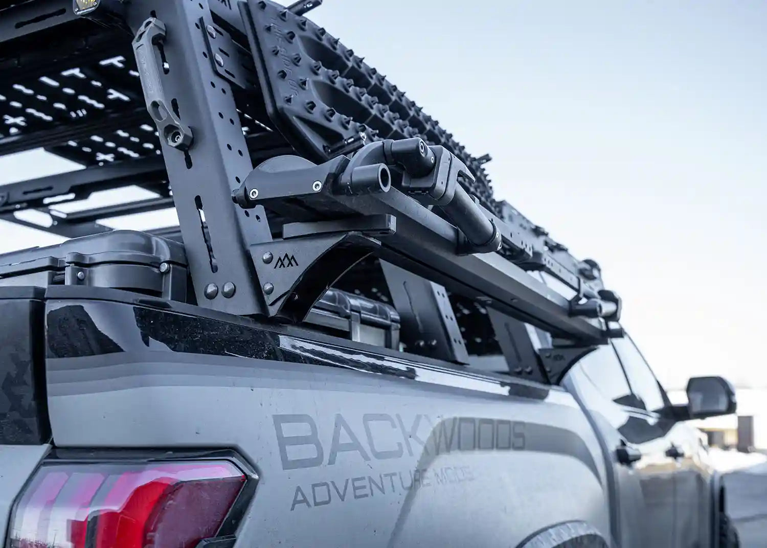 Backwoods Adventure Mods Universal Truck Bed Rack Bike Tray Mounting Brackets installed with bike tray empty