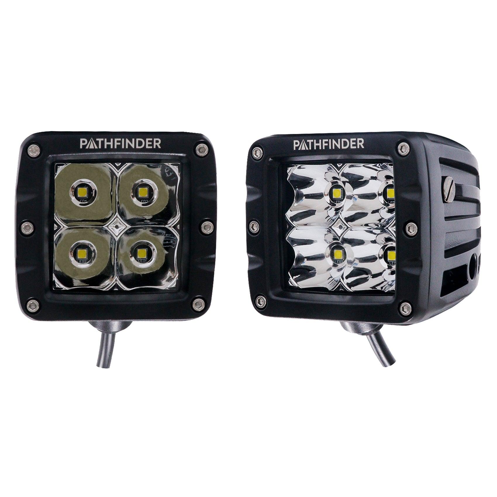 Pathfinder surface mount off road LED light pods with spot pattern for Backwoods Adventure Mods Toyota roof racks, bed racks, and off road bumpers