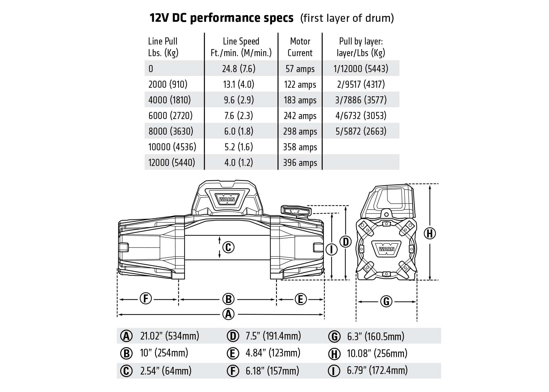 WARN VR EVO 12-S off road winch specs and dimensions chart for Backwoods Adventure Mods Hi-lite series hybrid off road high clearance bumpers for Toyota Trucks and SUVs