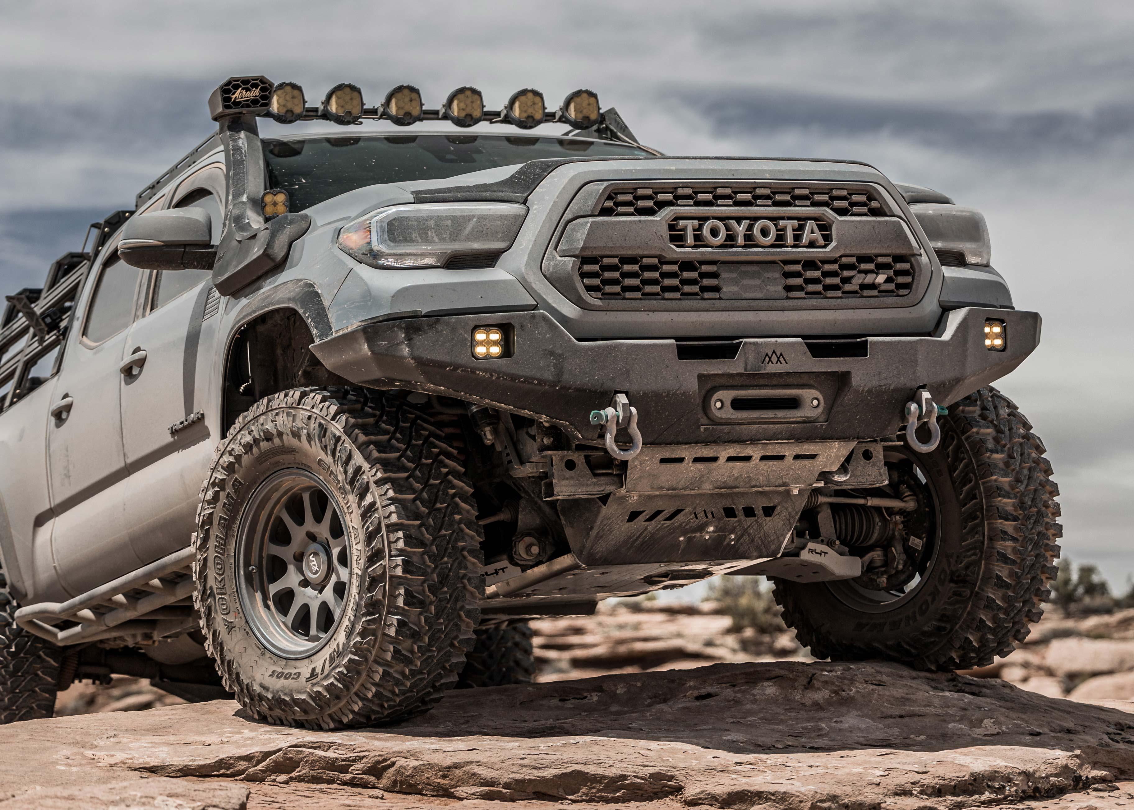 Installed Backwoods Adventure Mods Toyota Tacoma 3rd Gen (2016-2023) Hi-Lite Series hybrid Off Road high clearance Front Bumper without Bull Bar